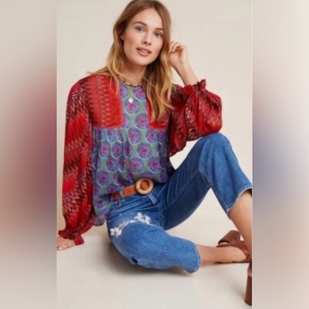 Anthro Blink London Miranda Red Chevron Green Medallions Peasant Top M Blank